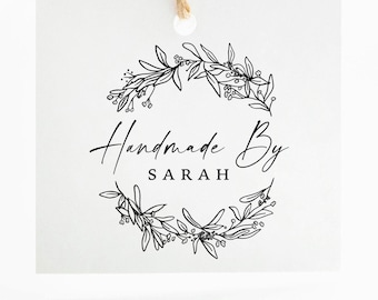Handmade By Rubber Stamp Custom Name Hand Made By Stamp, Floral Eucalyptus Small Business Gift Tag Self Inking Stamp, Homemade By Crafter
