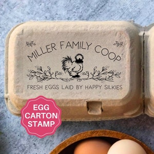 Tampon de boîte d'oeufs de poule Silkie, boîtes d'oeufs personnalisées Silkies, cadeau de la ferme, oeufs frais Happy Hens, boîte d'oeufs personnalisée avec logo du nom de la ferme