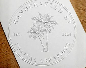 Handcrafted By Embosser Stamps Custom Handmade By Stamp, Coastal Palm Tree Personalized Stamp Self-inking or Rubber Small Business Branding