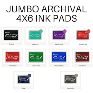 May include: A set of 10 Ranger Archival Ink Pads in various colors, including Jet Black, Aquamarine, Majestic Violet, Carnation Red, Vermillion Red, Emerald Green, Manganese Blue, Sepia Brown, Cobalt, and Watering Can. Each pad is 4x6 inches.