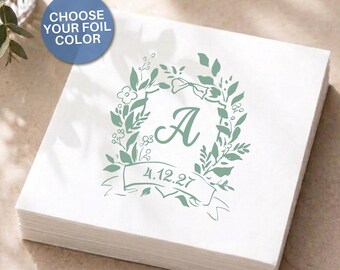 Custom Monogram Cocktail Napkins Wedding Bar Decor Floral Crest Paper Napkins, Bridal Shower Table Proposal, Engagement Party, Rehearsal