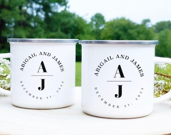 Couples Engagement Gift Mugs, Custom Wedding Mugs, Enamel Outdoor Camp Coffee Cups, Monogram Gift For Bride, Groom, Bridal Shower Favor Idea