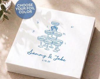 Custom Wedding Napkins Champagne Tower Bar Napkins, Personalized Cocktail Napkins For Rehearsal, Reception Beverage Engagement Party Decor