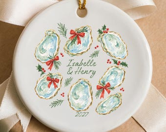 Oyster Engagement Party Ornaments Personalized Bulk Oyster Favors For Oyster Roast Party Coastal Engaged Gift, Watercolor Couple Keepsake
