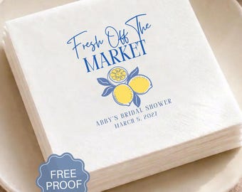 Fresh Off The Market Bridal Shower Napkins Lemon Wedding Cocktail Napkins, Personalized Farmers Market Party Decor Citrus Wedding Shower