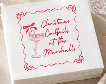 Custom Christmas Cocktail Napkins, Personalized Holiday Party Decor, Christmas Party Bar Napkins, Family Name Signature Cocktail Napkins