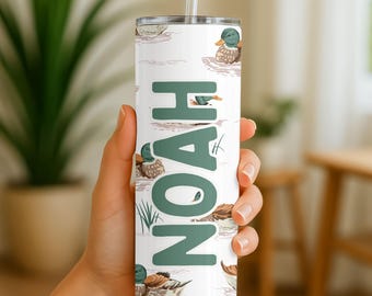 Vaso infantil personalizado con diseño de pato, regalo de caza para niños, vaso con nombre personalizado, taza de temporada de patos ánade real, botella de agua infantil para cazadores de patos con pajita.