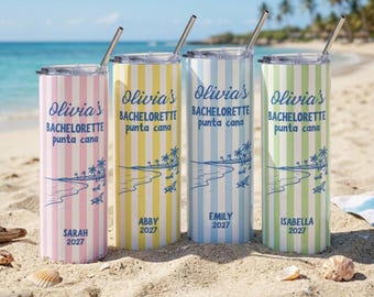 Beach Bachelorette Tumblers Bach Favors Personalized Striped Bridesmaid Gift Set Beach Trip Cups, Island Girls Weekend Vacation Destination