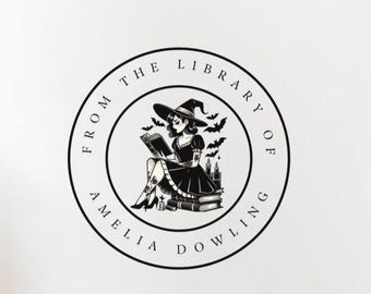 Witch Book Stamp Personalized Witchy Library Stamper Custom Reading Witch Gothic Bookplate Stamp, Cute Spooky Gift for Book Lovers