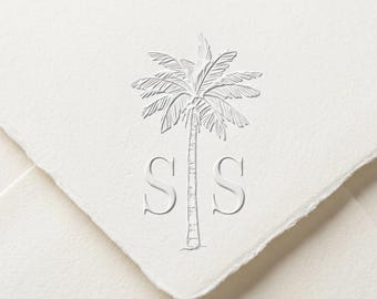 Custom Palm Tree Embosser with Initials Tropical Monogram Stamp Destination Wedding Stationery Envelope Napkins Coastal Bridal Shower Gift