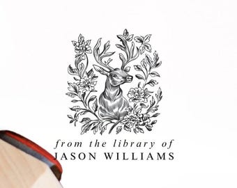 Personalized Deer Book Stamp Woodland Ex Libris Stamp, Custom Library Stamp Forest Book Lover Gift Rustic Bookplate Reader Housewarming Gift