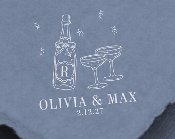Sello de champán personalizado para bodas, con nombre y fecha de la pareja. Ideal para recuerdos, fiestas de compromiso, servilletas de despedida de soltera y copas de champán decoradas.
