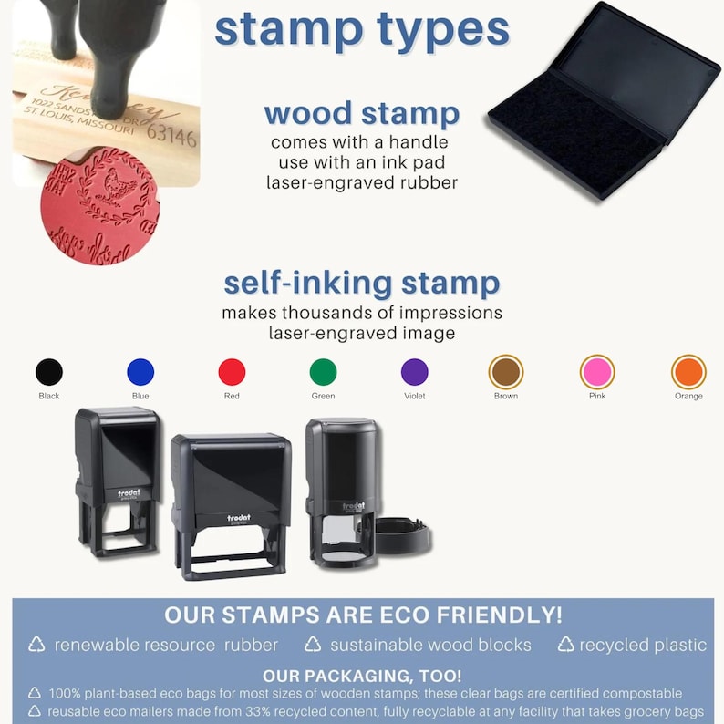 May include: A comparison of wood stamps with handles and self-inking stamps. Includes a black ink pad, a red circular stamp impression, and color options: black, blue, red, green, violet, brown, pink, and orange. Text highlights eco-friendly materials.
