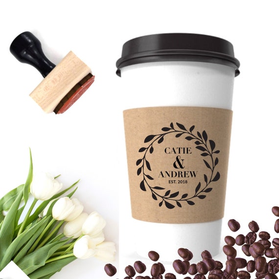 Coffee Sleeve Stamp Wedding Favors, Coffee Cup Stamp, Wreath Monogram, Personalized Bride, Groom Names, Wedding Date, Bridal Tea Party DIY Il_570xn