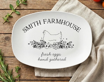 Personalized Chicken Platter Custom Farmhouse Gift Serving Dish Backyard Hen Owner Gift, Rustic Country Kitchen Decor Homestead Last Name