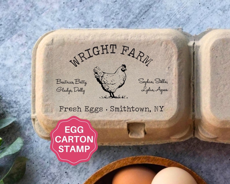 Egg Carton Stamp Custom Chicken Names Egg Cartons, Farmer Chicken Mom Gift Personalized Fresh Eggs Stamp With Farm Coop Name Husband Gift image 1