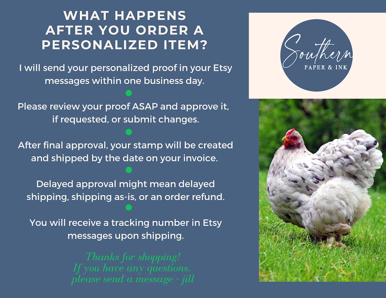 May include: A blue and white graphic with text that reads "What happens after you order a personalised item?" and explains the process of ordering a personalised item. The graphic also includes a picture of a white chicken with black spots on a green grassy background. The text "Southern Paper & Ink" is in a circle with a blue background.