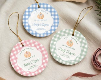 A Little Pumpkin Is On The Way Ornament, Gingham Baby Announcement Ornament, Fall Baby Reveal Custom Pumpkin Baby Shower Gift,