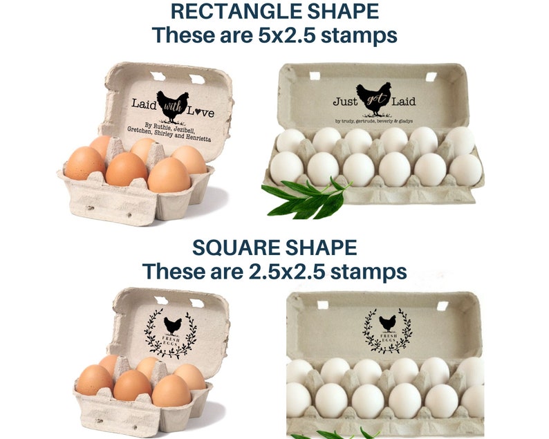 May include: Two egg cartons, one rectangular and one square, with different designs. The rectangular carton has 12 white eggs and the text "Just got Laid" on the top. The square carton has 6 brown eggs and the text "Fresh Eggs" on the top.