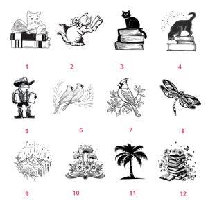 May include: A set of 12 black and white illustrations featuring various themes, including animals, nature, and books. The illustrations are numbered 1 through 12.