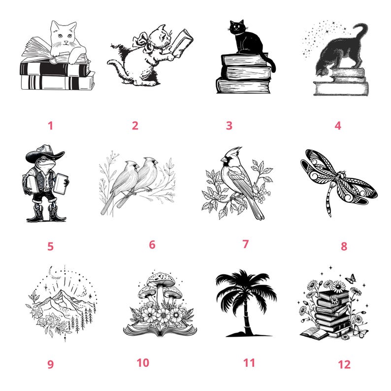 May include: A set of 12 black and white illustrations featuring various themes, including animals, nature, and books. The illustrations are numbered 1 through 12.