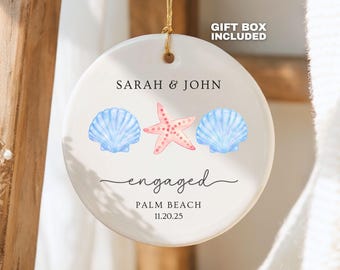 Coastal Engagement Ornament Custom Beach Engagement Gift, Palm Beach Wedding Keepsake, Starfish Seashell 1st Christmas Engaged Proposal Gift