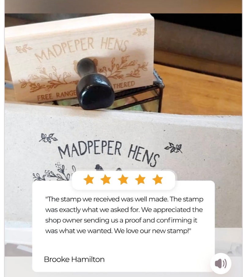 May include: A rectangular wooden rubber stamp with a black handle, featuring the engraved text MADPEPER HENS and floral illustrations. Below, a printed impression of the stamp on paper displays the same text and design, accompanied by a five-star review.