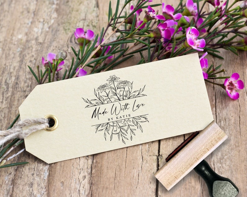 Made With Love Stamp Custom Name Handmade By Stamp, Floral Small Business Supplies Gift Tag Rubber Stamp, Homemade By, Hand Made Crafter Tag image 2