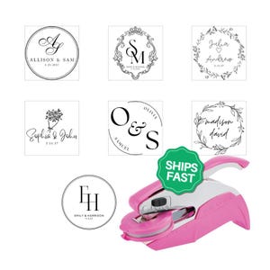 Personalized Wedding Stamp Custom Monogram Embosser in Pink, Names Initial Date Stamp Envelopes Invitations Napkins Engagement Gift