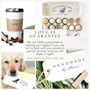 May include: A collage featuring a white coffee cup with a kraft paper sleeve, a cardboard egg carton with ten eggs, a golden retriever holding an envelope with a dog silhouette stamp, and a white gift tag with the text HANDMADE by Monica.
