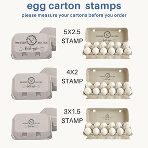 May include: Three rubber stamps for egg cartons, labeled 5x2.5, 4x2, and 3x1.5. Each stamp features a circular chicken logo with the text Hand Gathered Bailey Farms and fresh eggs. The image displays the stamps applied to gray pulp egg cartons.