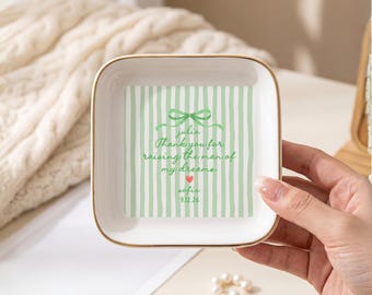 Personalized Ring Dish Mother of Groom Gift Wedding Ceramic Jewelry Dish for Mother-in-Law Custom Striped Bow Doodle Trinket Dish Keepsake