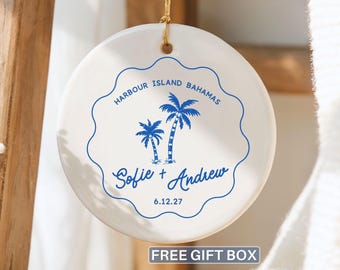 Coastal Wedding Ornament Custom Beach Destination Wedding Keepsake Personalized Palm Tree Engagement Beach Bride Groom Gift