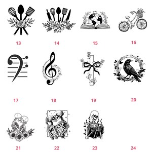 May include: A set of 24 black and white illustrations featuring various designs, including kitchen utensils, a globe, a bicycle, a musical note, a cross, a crow, and skeletons. The illustrations are numbered 13 through 24.