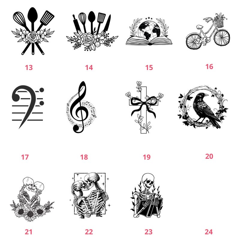 May include: A set of 24 black and white illustrations featuring various designs, including kitchen utensils, a globe, a bicycle, a musical note, a cross, a crow, and skeletons. The illustrations are numbered 13 through 24.