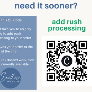 Peut inclure: Un graphique informatif bleu avec le texte need it sooner? et add rush processing. Il comprend un code QR avec une lettre C centrale et des instructions &agrave; puces pour scanner le code afin d'ajouter un traitement urgent &agrave; une commande Etsy.