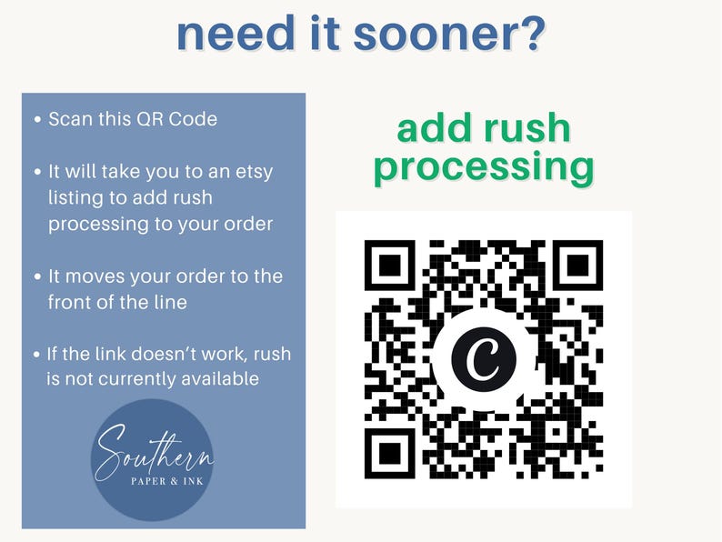 Peut inclure: Un graphique informatif bleu avec le texte need it sooner? et add rush processing. Il comprend un code QR avec une lettre C centrale et des instructions &agrave; puces pour scanner le code afin d'ajouter un traitement urgent &agrave; une commande Etsy.