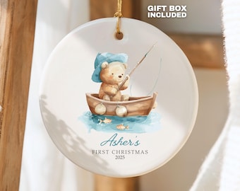 Baby’s First Christmas Teddy Bear Fishing Ornament 2026 Boy Parent Keepsake Gift Personalized Baby Boy Fisherman Ornament Newborn Baby Name