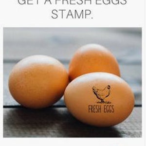 K&ouml;nnte beinhalten: Ein Stempel mit Holzgriff und schwarzem Sockel, abgebildet neben drei braunen Eiern. Ein Ei tr&auml;gt einen schwarzen Stempelaufdruck eines Huhns und den Text "FRESH EGGS". Das Bild enth&auml;lt den Text "GOT CHICKENS? GET A FRESH EGGS STAMP." und "Southern paper & ink".