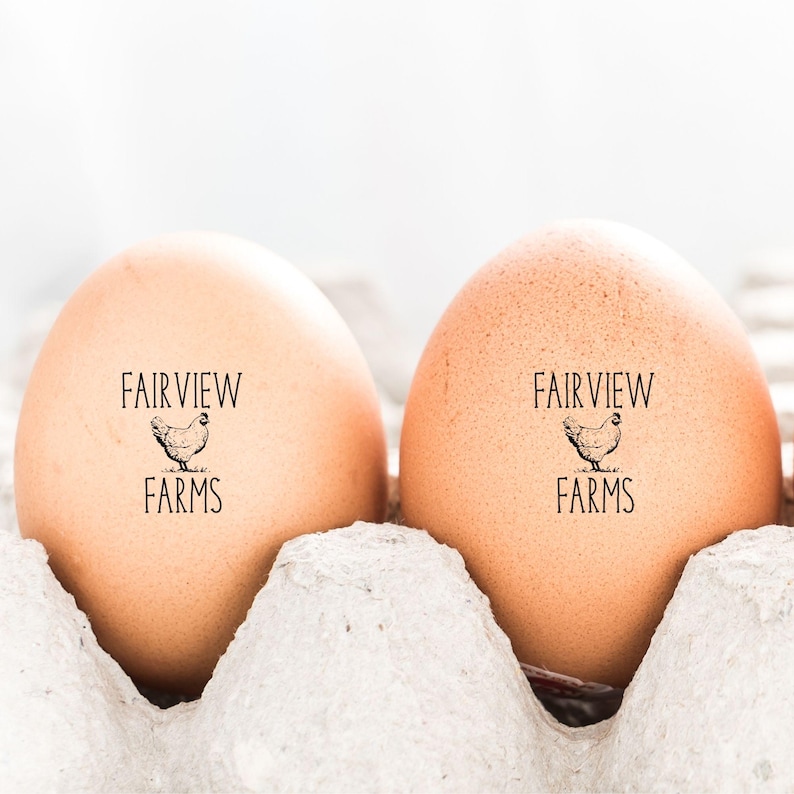 May include: Two brown eggs in a cardboard carton. Each egg is stamped with the words "FAIRVIEW FARMS" and a small illustration of a chicken. The eggs are a light brown color.