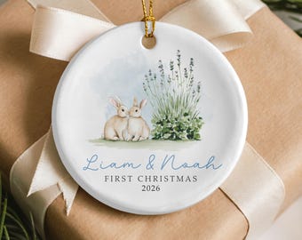 Adorno navideño para bebés gemelos 2026, recuerdo personalizado para anunciar el nacimiento de gemelos, decoración de guardería con animales del bosque y conejitos. Regalos para bebés gemelos.