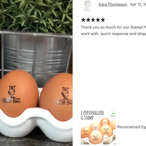 May include: Brown eggs in a white carton, each stamped with "TNT FRESH EGGS" in black ink. The eggs are in front of a metal container with greenery in the background. The image also includes a customer review.