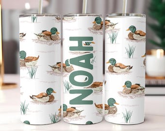 Personalized Kids Duck Tumbler Boys Hunting Gift Custom Name Tumbler Mallard Duck Season Cup, Kids Duck Hunter Water Bottle with Straw