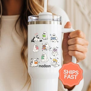 Cute Ghost Tumbler Personalized Halloween Reading Ghosts 40oz Tumbler, Ghost Book Tumbler, Book Lover Gift Travel Cup Cute Bookish Ghost Mug