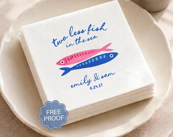 Two Less Fish in the Sea Napkins Personalized Engaged Napkins Coastal Wedding Engagement Cocktail Napkins Custom Italian Bridal Shower Decor