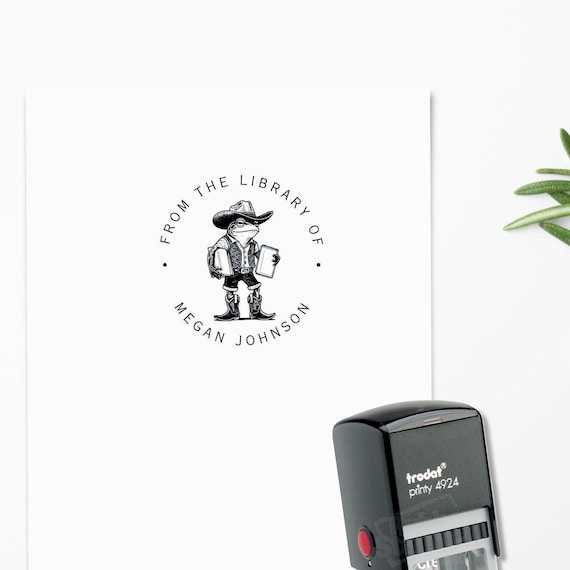Frog Library Stamp Custom Cowboy Frog Book Stamp, Personalized From Library Funny Frog Lover Gift, Bookish Reader Book Collection Bookplate