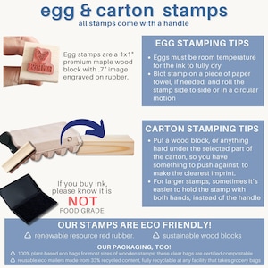 May include: A set of egg and carton stamps featuring a 1x1 inch maple wood block with a 0.7 inch rubber engraving. The image includes instructional text for stamping tips, a note that ink is not food grade, and details on eco-friendly materials.