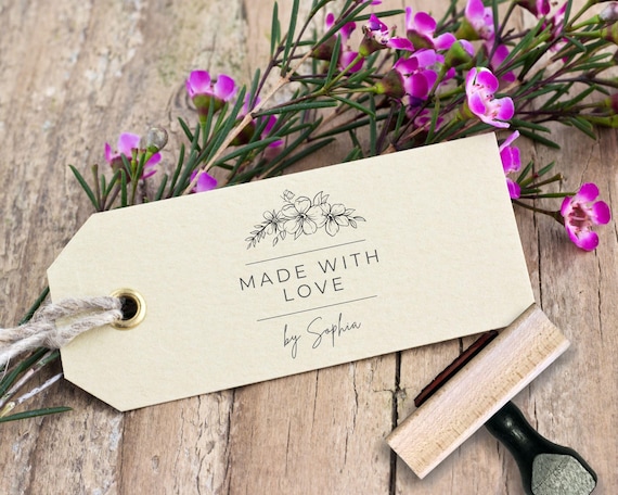 Personalized Stamp Made With Love, Custom Handmade By Stamp with Name, Small Business Gift Tag Greeting Card Rubber Stamp, Hand Made Crafter