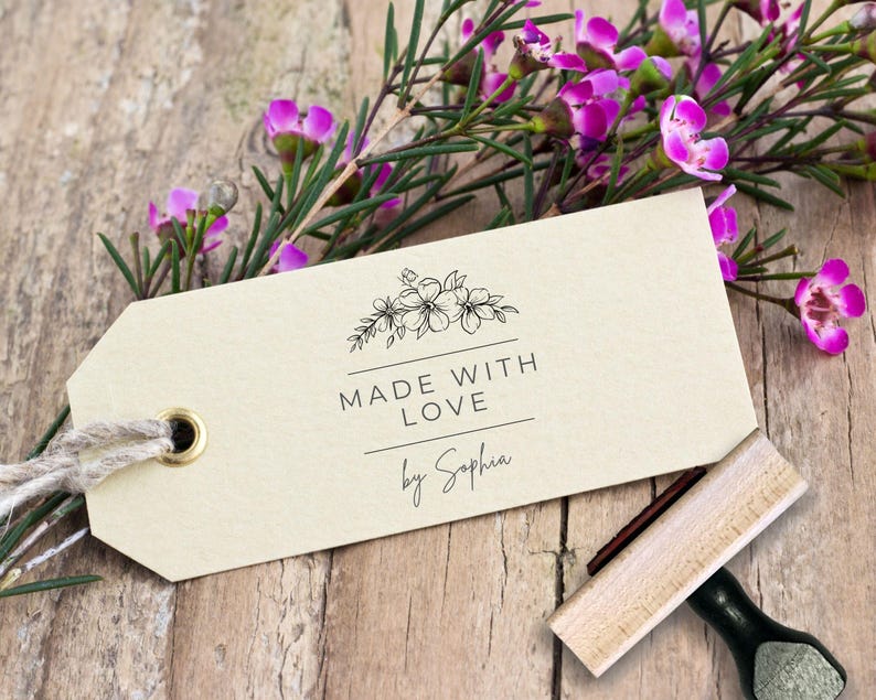 May include: A brown paper tag with a black floral design and the text 'Made with Love by Sophia'.