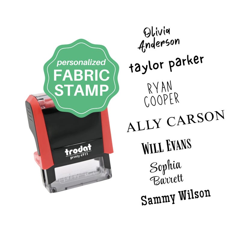 May include: A red and black fabric stamp with the text "personalized FABRIC STAMP" in a green badge. The stamp is a Trodat Printy 4911 model. Names like Olivia Anderson and Taylor Parker are displayed.